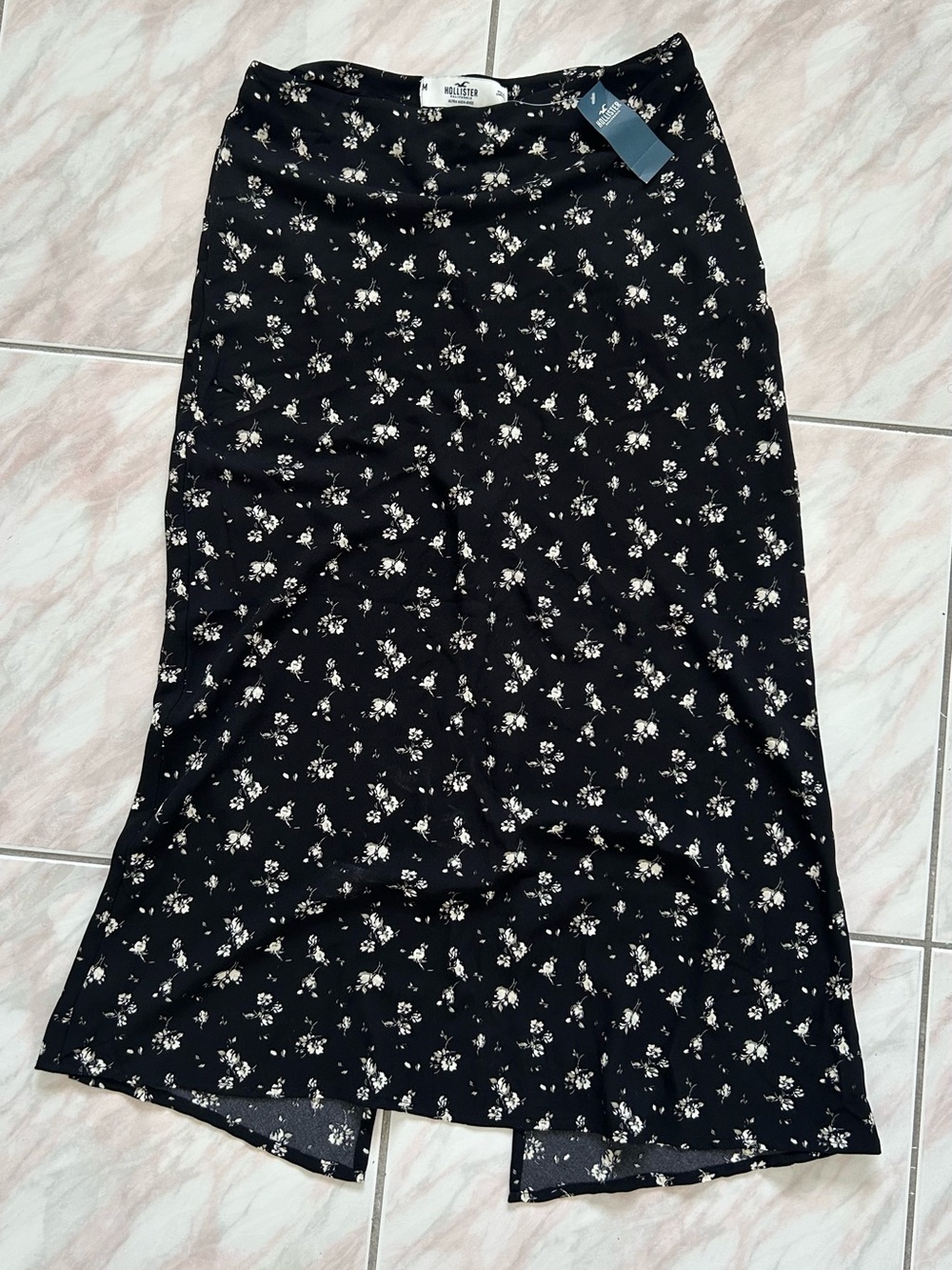 Hollister Black Midi Skirt with White Floral Print